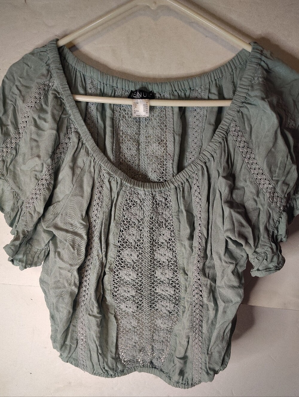 Venus Embroidered Blouse Semi Sheer Crocheted Short Sleeve Sage Green Size M